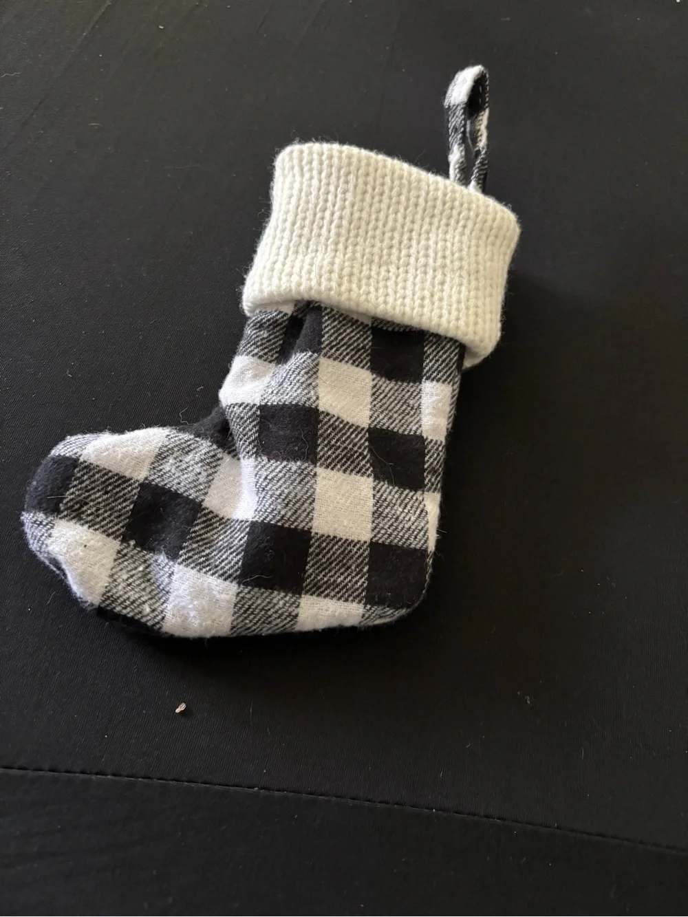 (A278)Monogrammed 7” Holiday Stocking - Black & White Plaid with Red 'A'